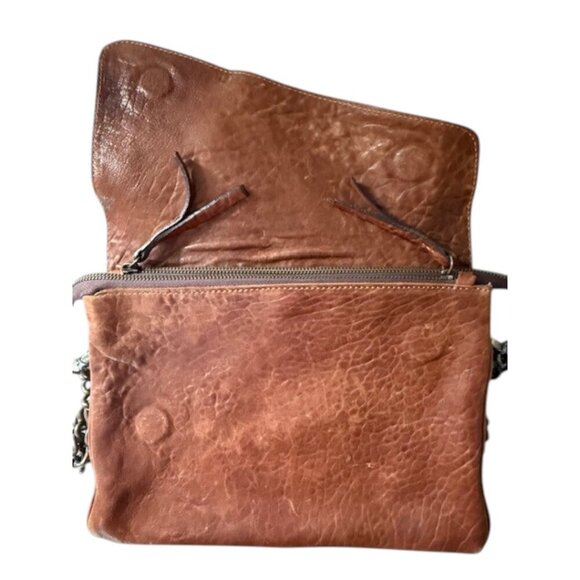 MAXON COLLECTION Brown Worn Textured Leather Crossbody Bag Chain Made in Italy - Picture 11 of 16